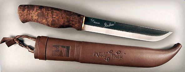 Kellam WP7 Slasher Fixed Blade Knife, Curly Birch, Leather Sheath - Click Image to Close